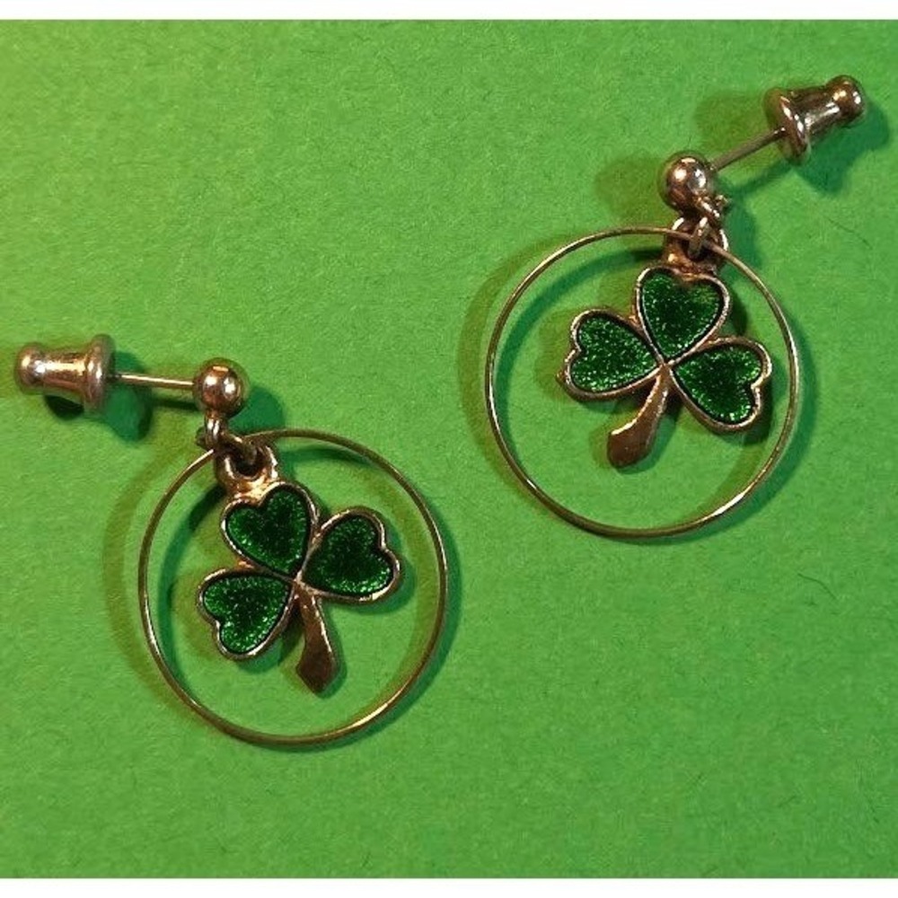 Handmade Earrings Vintage Green Cloisonne Clover Silver Tone Hoop Drop # Lucky